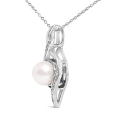Sterling Silver 7mm Cultured Pearl and Diamond Accent Swirl Pendant Necklace