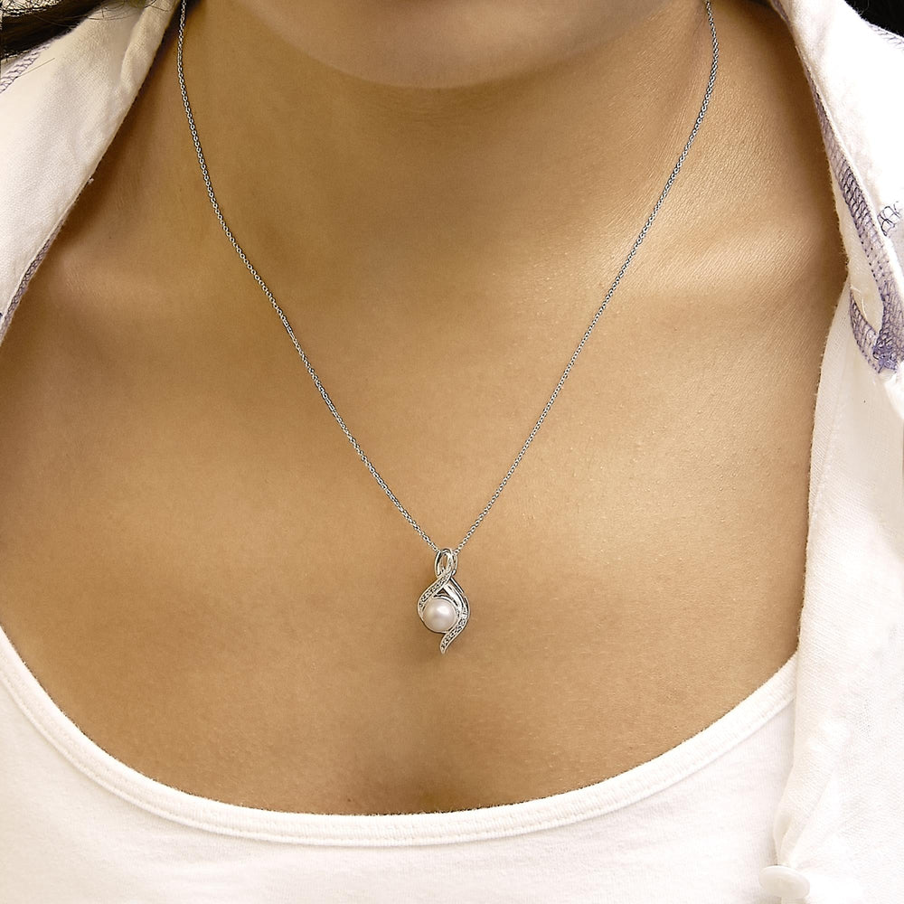 Sterling Silver 7mm Cultured Pearl and Diamond Accent Swirl Pendant Necklace