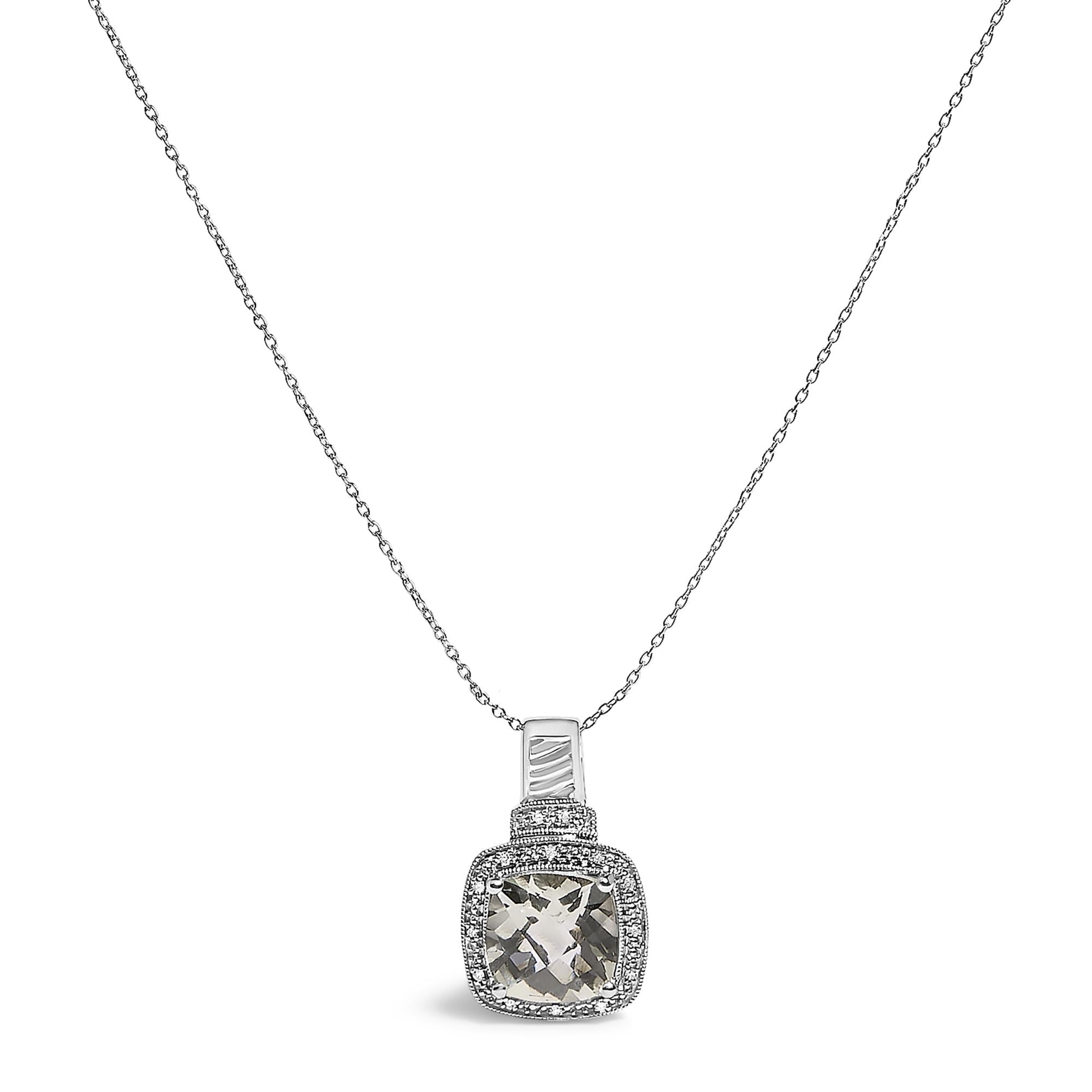 Sterling Silver Cushion Gray Green Amethyst and Diamond Accent Halo Pendant Necklace