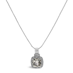 Sterling Silver Cushion Gray Green Amethyst and Diamond Accent Halo Pendant Necklace