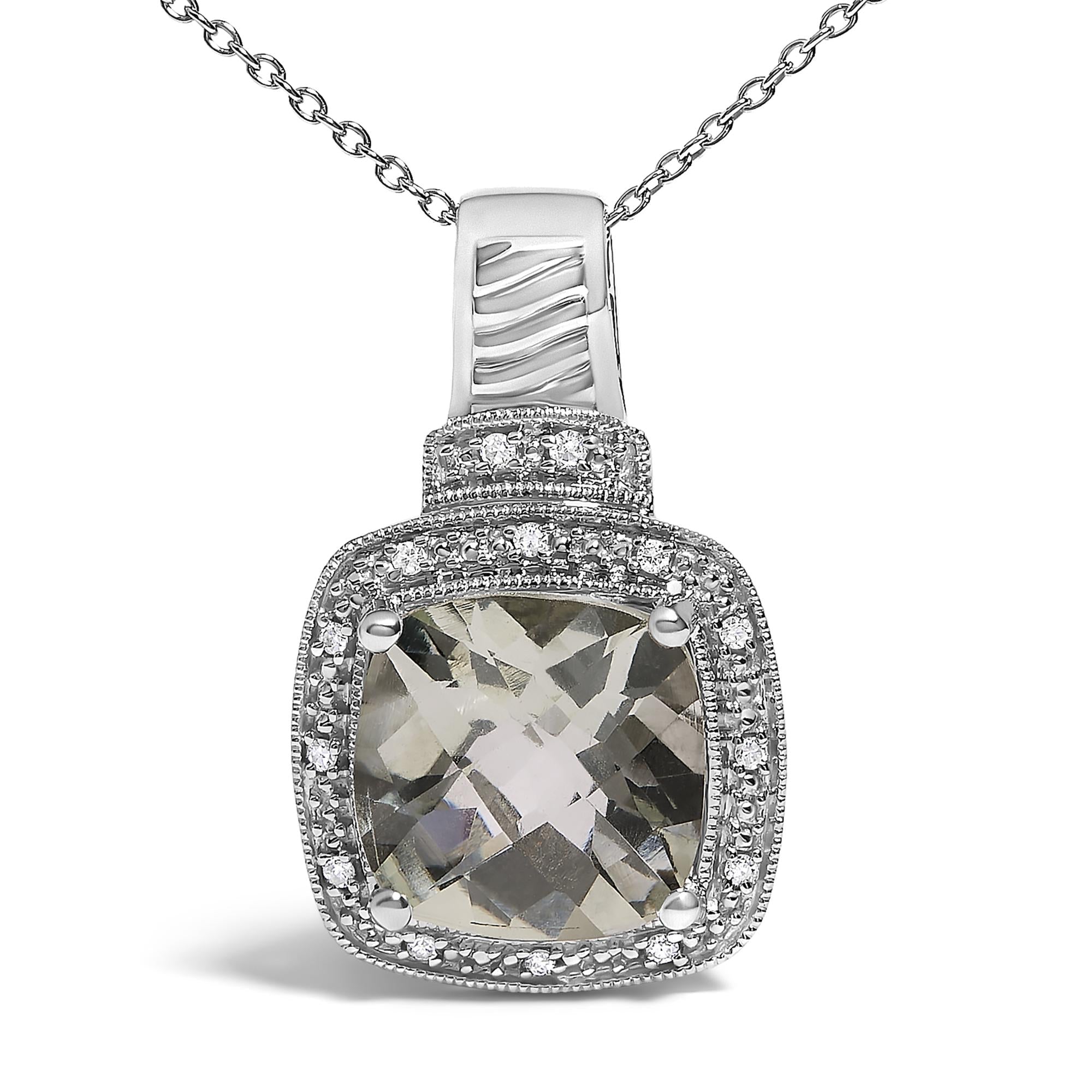 Sterling Silver Cushion Gray Green Amethyst and Diamond Accent Halo Pendant Necklace