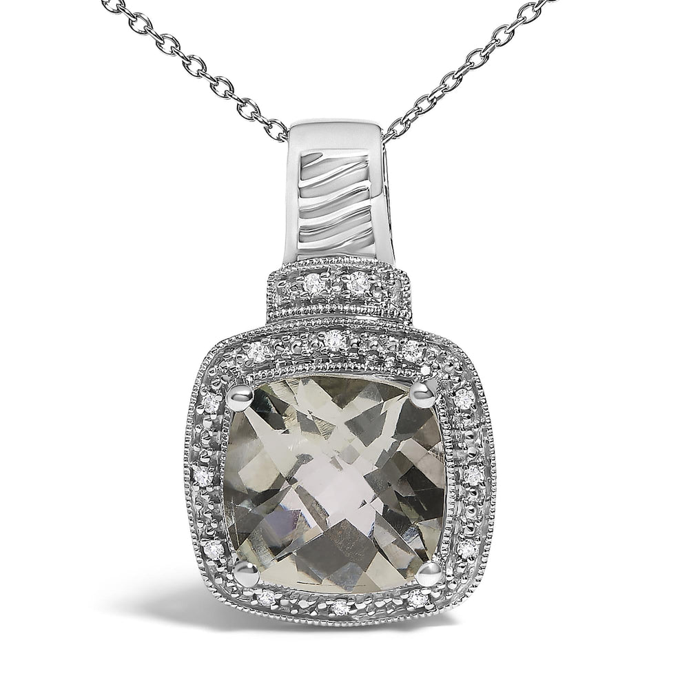 Sterling Silver Cushion Gray Green Amethyst and Diamond Accent Halo Pendant Necklace