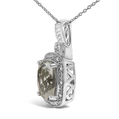 Sterling Silver Cushion Gray Green Amethyst and Diamond Accent Halo Pendant Necklace