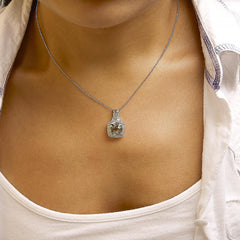 Sterling Silver Cushion Gray Green Amethyst and Diamond Accent Halo Pendant Necklace