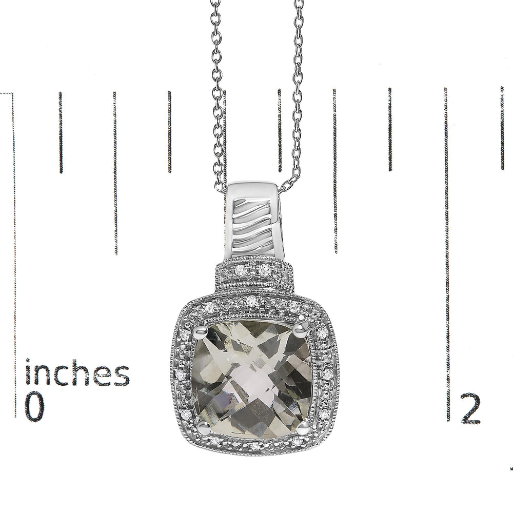 Sterling Silver Cushion Gray Green Amethyst and Diamond Accent Halo Pendant Necklace
