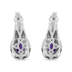 .925 Sterling Silver 8x6 MM Natural Oval Purple Amethyst Gemstone and Diamond Accent Art Deco Style Drop and Dangle Earrings (I-J Color, I1-I2 Clarity)