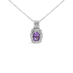 .925 Sterling Silver 9x7mm Oval Purple Amethyst and Round Diamond Accent Fashion Drop Pendant 18 Inch Necklace (I-J Color, I1-I2 Clarity)