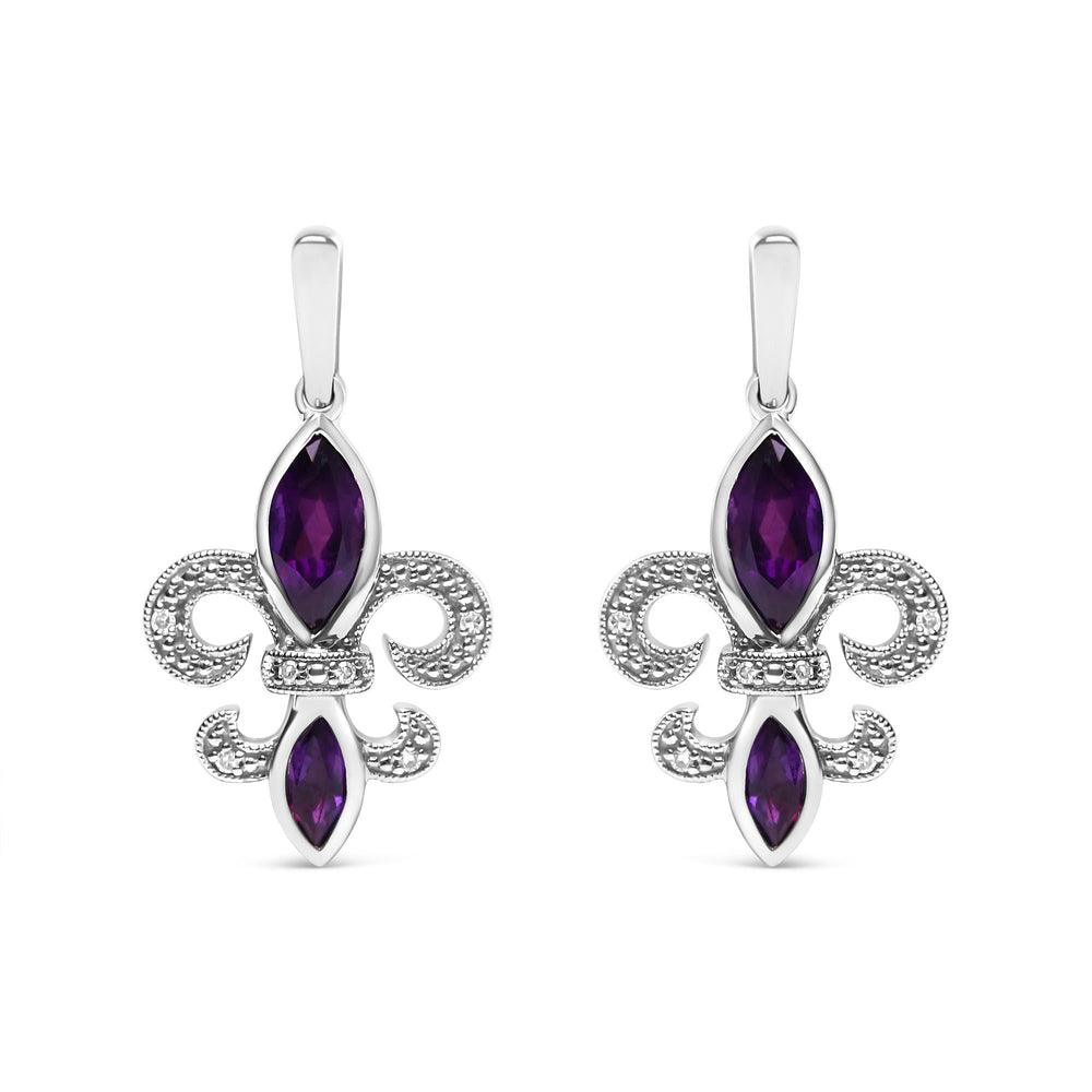 .925 Sterling Silver Marquise Cut Amethyst and Diamond Accent Fleur De Lis Dangle Stud Earrings (H-I Color, SI1-SI2 Clarity)