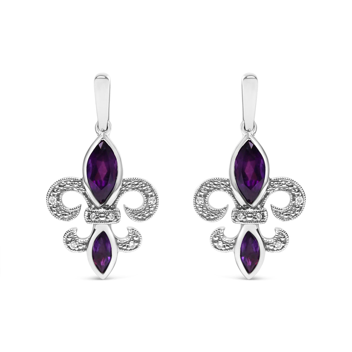 .925 Sterling Silver Marquise Cut Amethyst and Diamond Accent Fleur De Lis Dangle Stud Earrings (H-I Color, SI1-SI2 Clarity)
