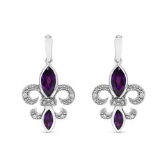 .925 Sterling Silver Marquise Cut Amethyst and Diamond Accent Fleur De Lis Dangle Stud Earrings (H-I Color, SI1-SI2 Clarity)