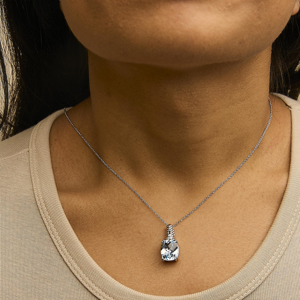 .925 Sterling Silver Blue Topaz and Diamond Accent Textured Pendant Necklace - 18" Inches