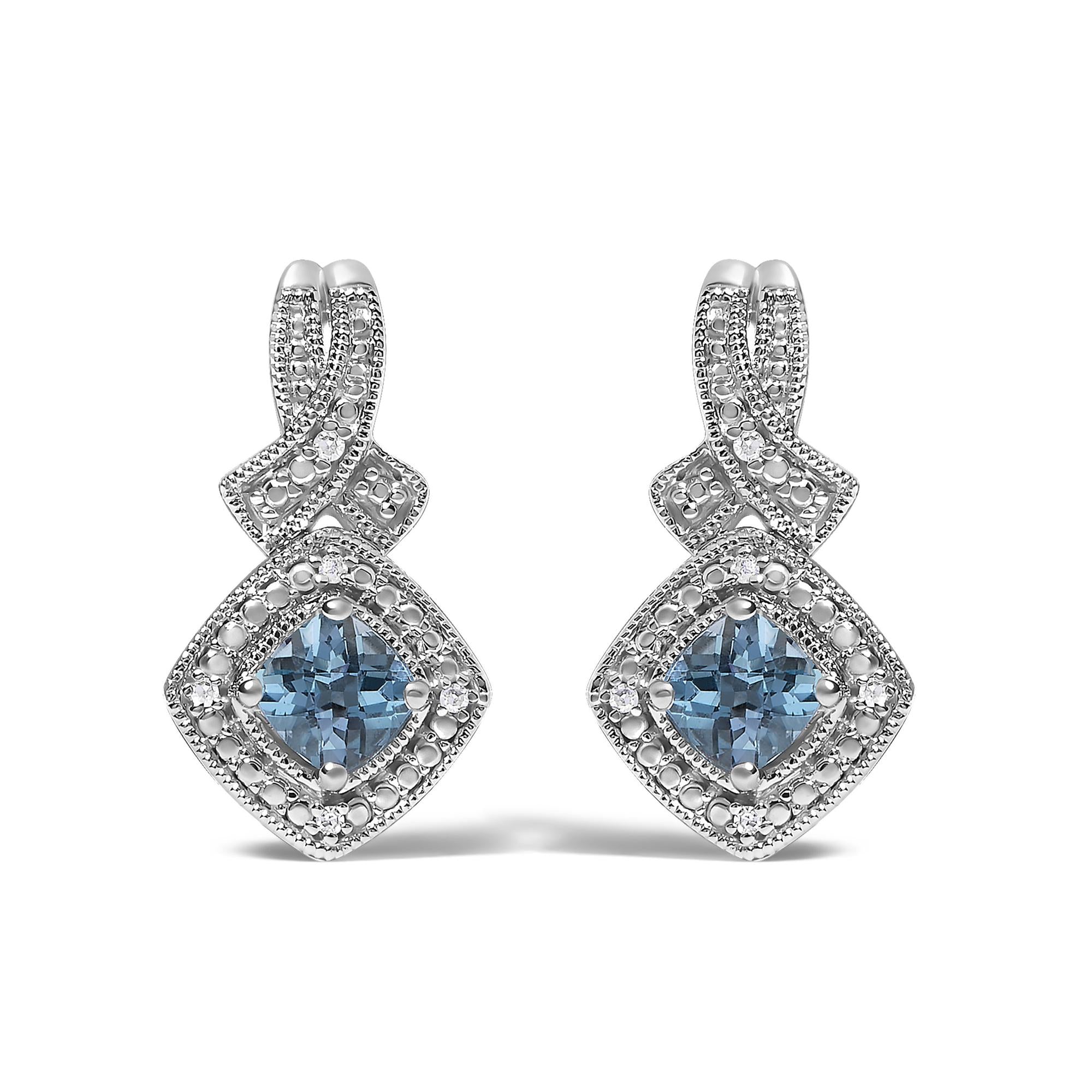 Sterling Silver Cushion Cut Blue Topaz and Diamond Accent Twist Motif Dangle Earrings