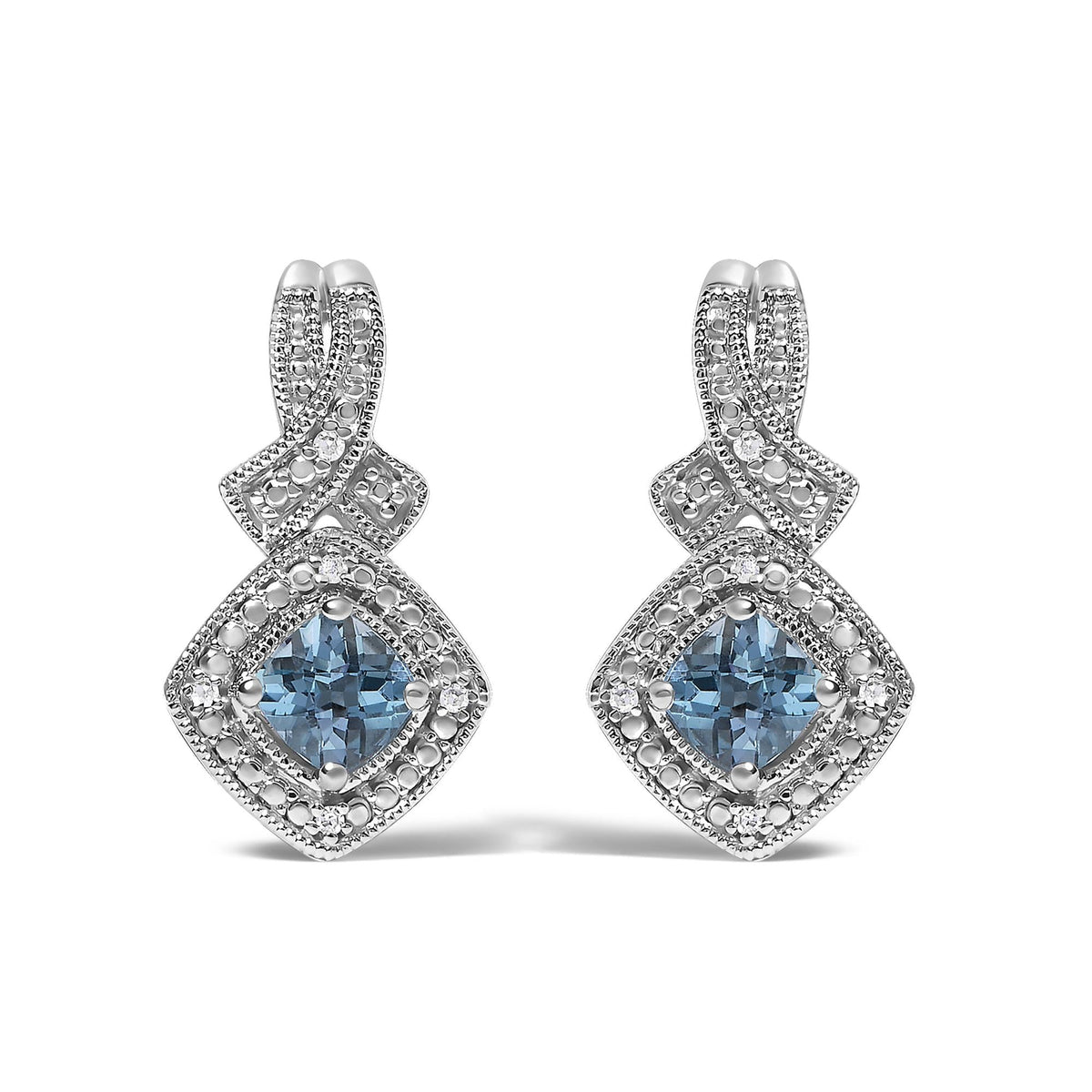 Sterling Silver Cushion Cut Blue Topaz and Diamond Accent Twist Motif Dangle Earrings