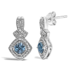 Sterling Silver Cushion Cut Blue Topaz and Diamond Accent Twist Motif Dangle Earrings