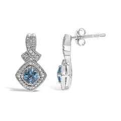 Sterling Silver Cushion Cut Blue Topaz and Diamond Accent Twist Motif Dangle Earrings