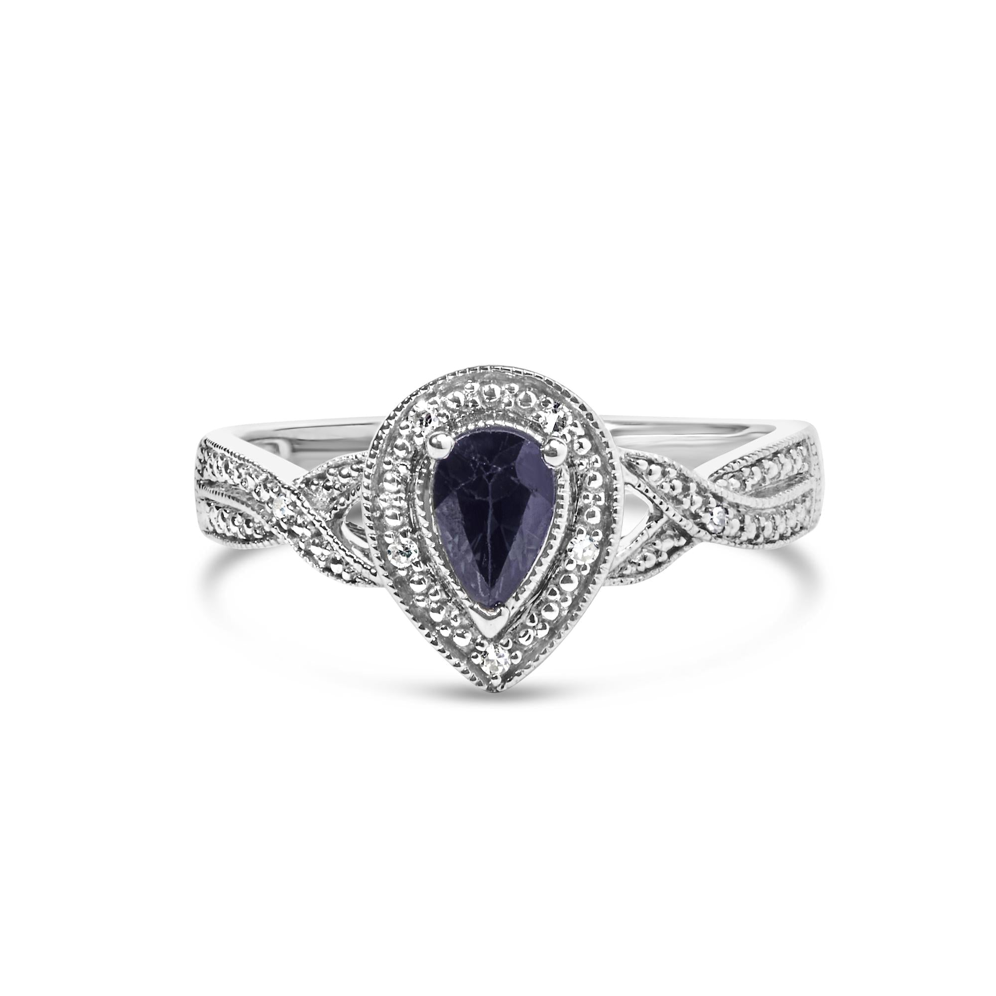 .925 Sterling Silver 6x4mm Pear Sapphire Gemstone with Diamond Accent Fashion Halo Ring