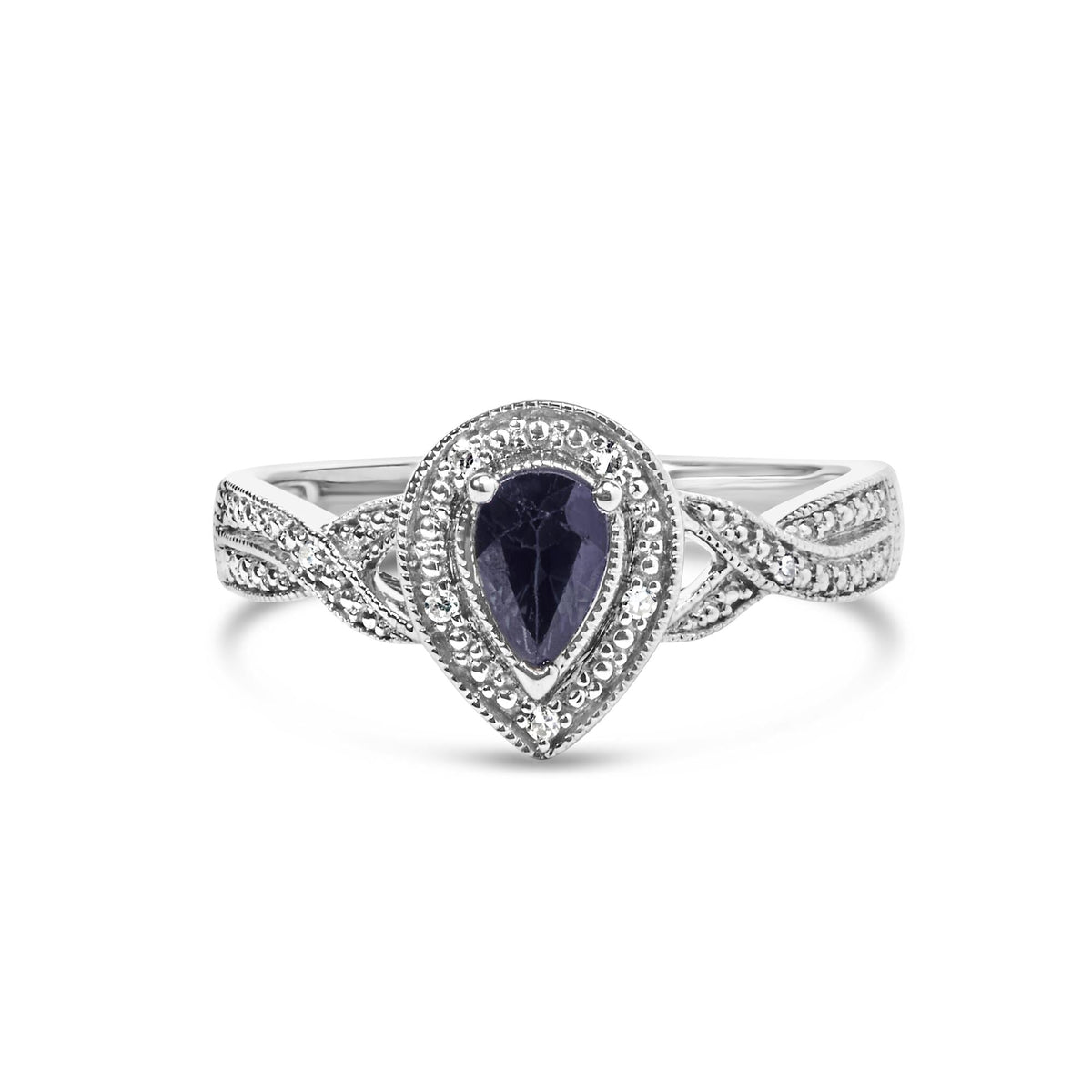 .925 Sterling Silver 6x4mm Pear Sapphire Gemstone with Diamond Accent Fashion Halo Ring