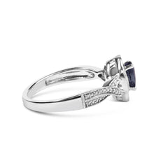 .925 Sterling Silver 6x4mm Pear Sapphire Gemstone with Diamond Accent Fashion Halo Ring
