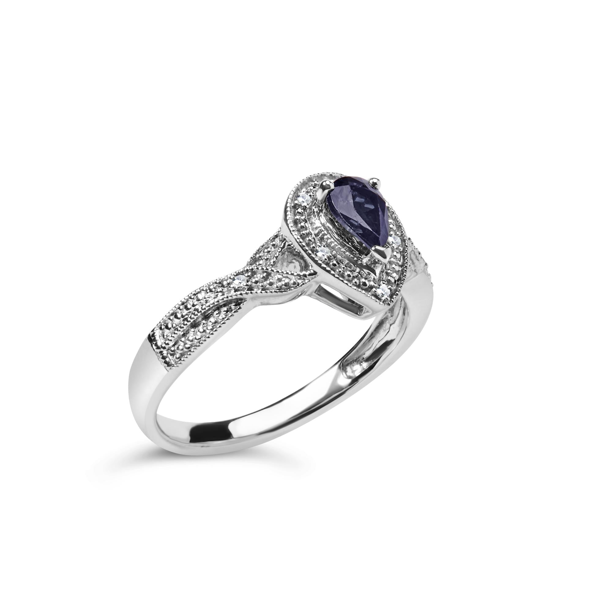 .925 Sterling Silver 6x4mm Pear Sapphire Gemstone with Diamond Accent Fashion Halo Ring