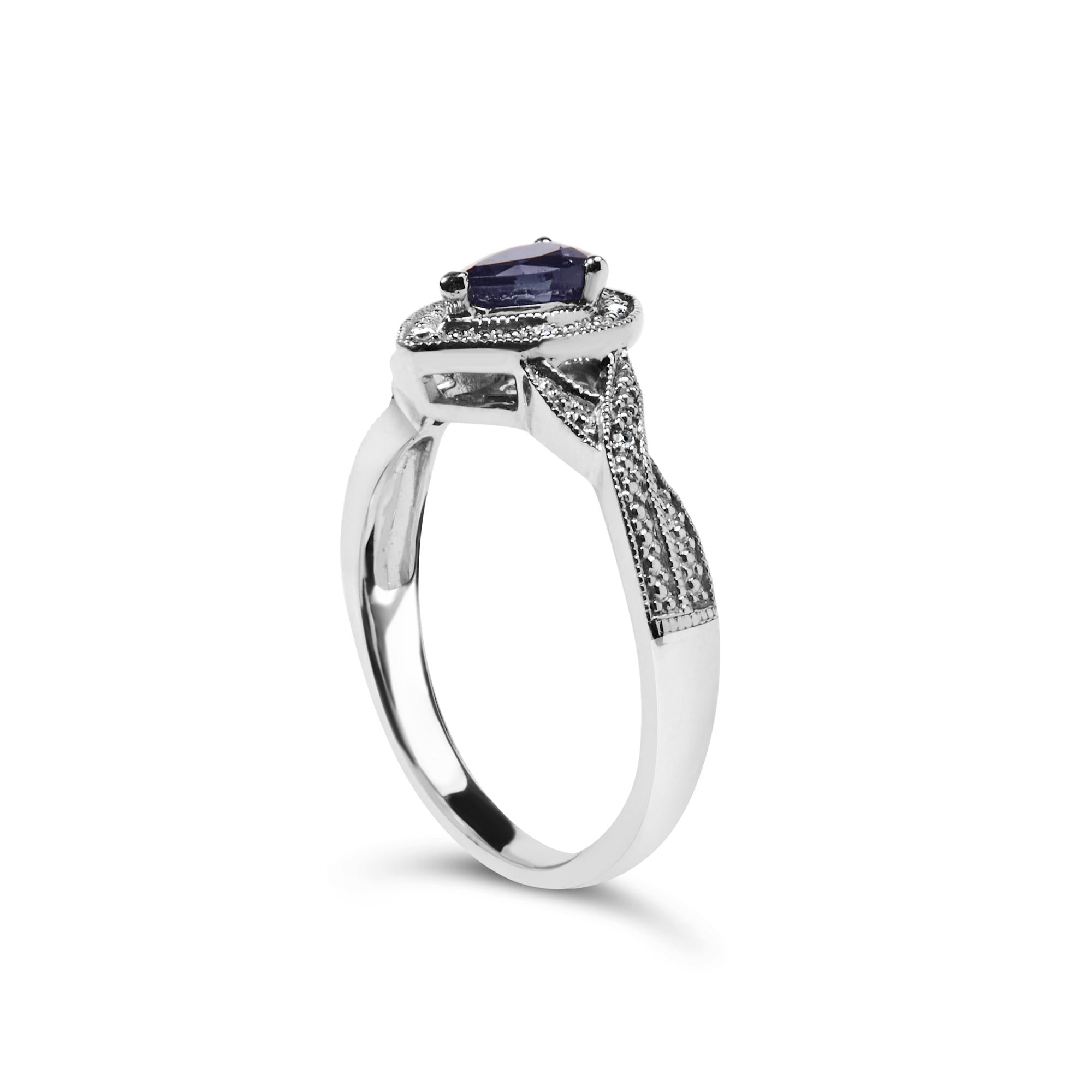.925 Sterling Silver 6x4mm Pear Sapphire Gemstone with Diamond Accent Fashion Halo Ring