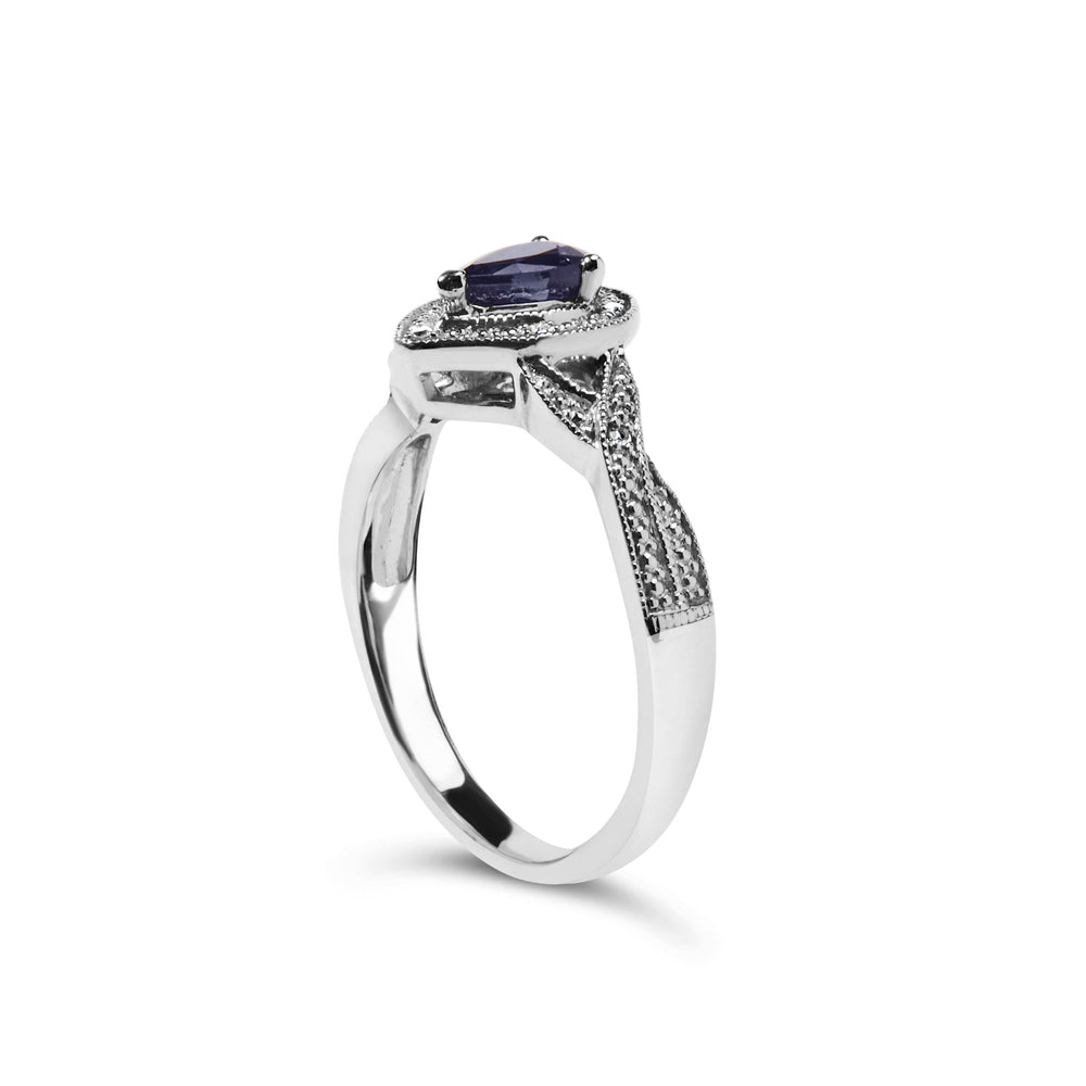 .925 Sterling Silver 6x4mm Pear Sapphire Gemstone with Diamond Accent Fashion Halo Ring