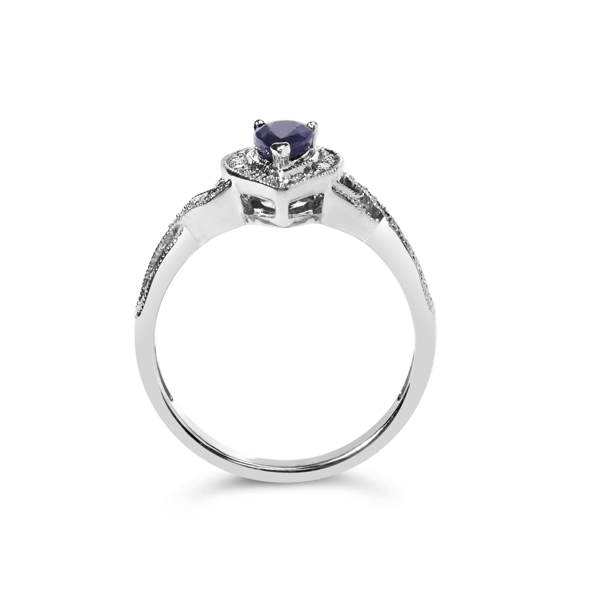 .925 Sterling Silver 6x4mm Pear Sapphire Gemstone with Diamond Accent Fashion Halo Ring