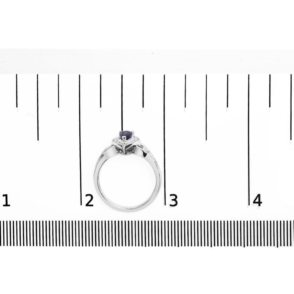 .925 Sterling Silver 6x4mm Pear Sapphire Gemstone with Diamond Accent Fashion Halo Ring
