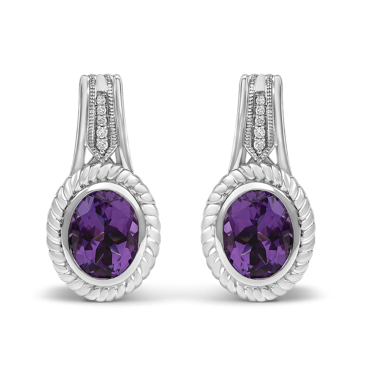 Sterling Silver Oval Purple Amethyst and Diamond Accent Rope Design Drop Earrings