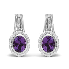 Sterling Silver Oval Purple Amethyst and Diamond Accent Rope Design Drop Earrings