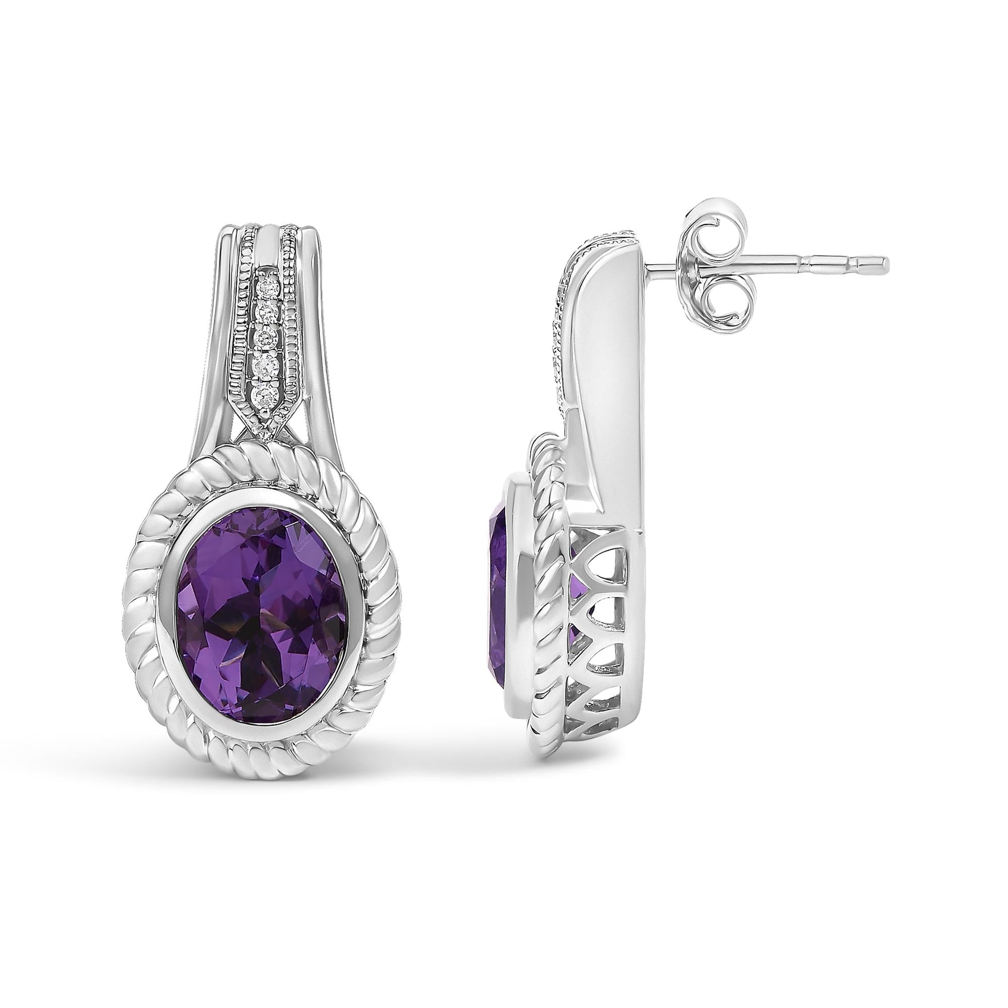 Sterling Silver Oval Purple Amethyst and Diamond Accent Rope Design Drop Earrings