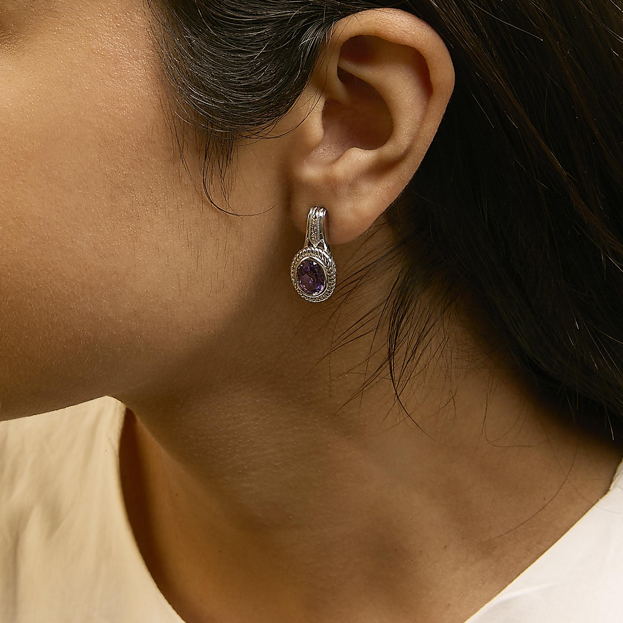 Sterling Silver Oval Purple Amethyst and Diamond Accent Rope Design Drop Earrings