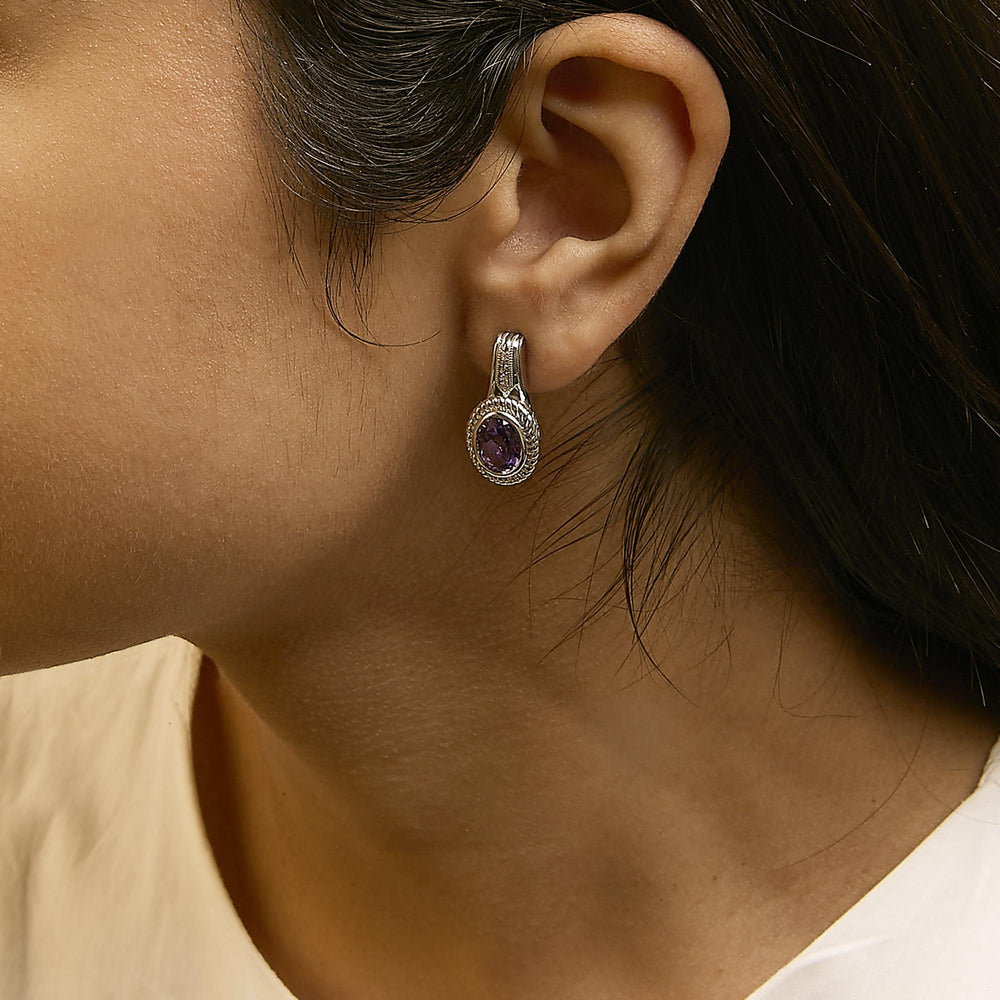 Sterling Silver Oval Purple Amethyst and Diamond Accent Rope Design Drop Earrings