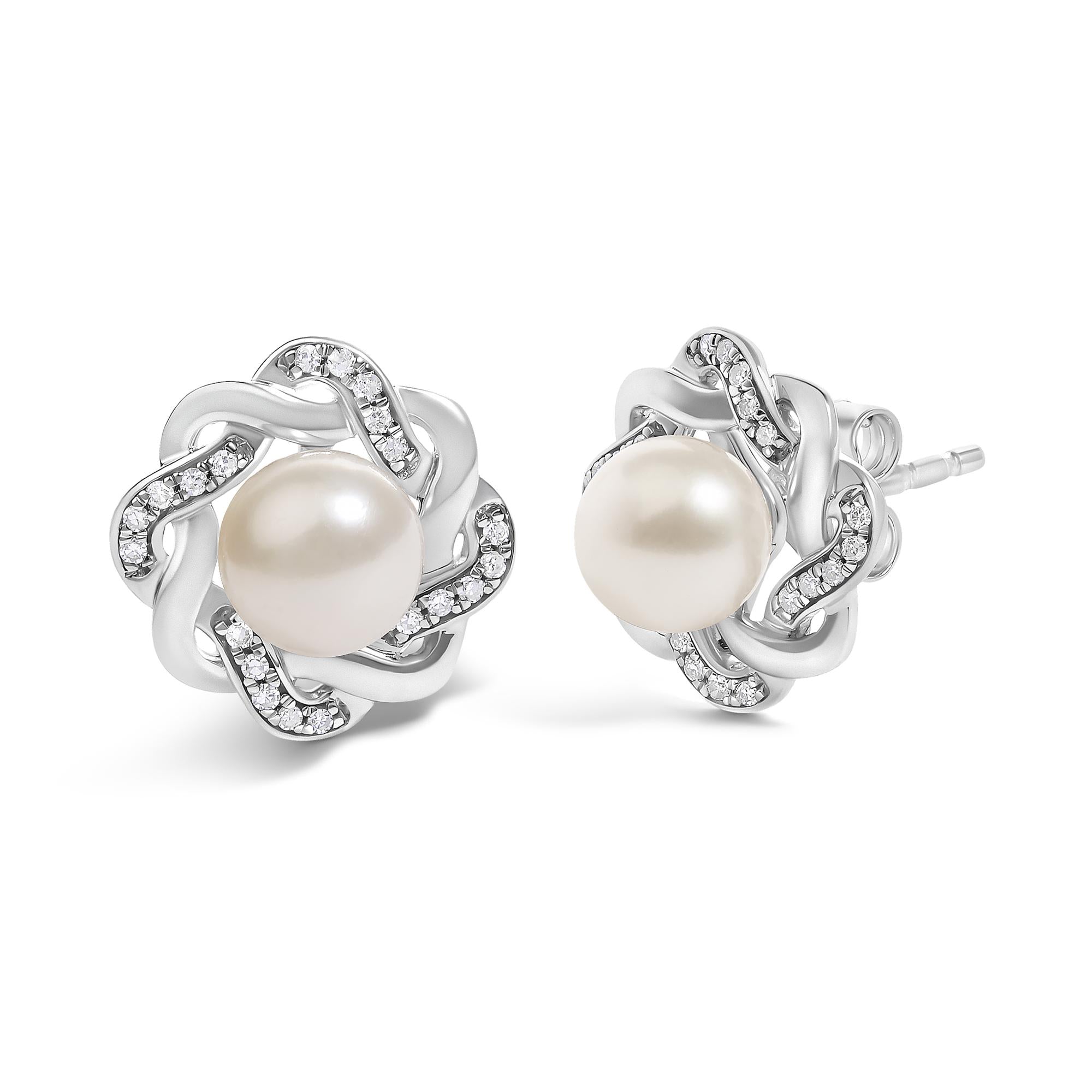 Sterling Silver Pearl and 1/10 Cttw Diamond Floral Twist Stud Earrings