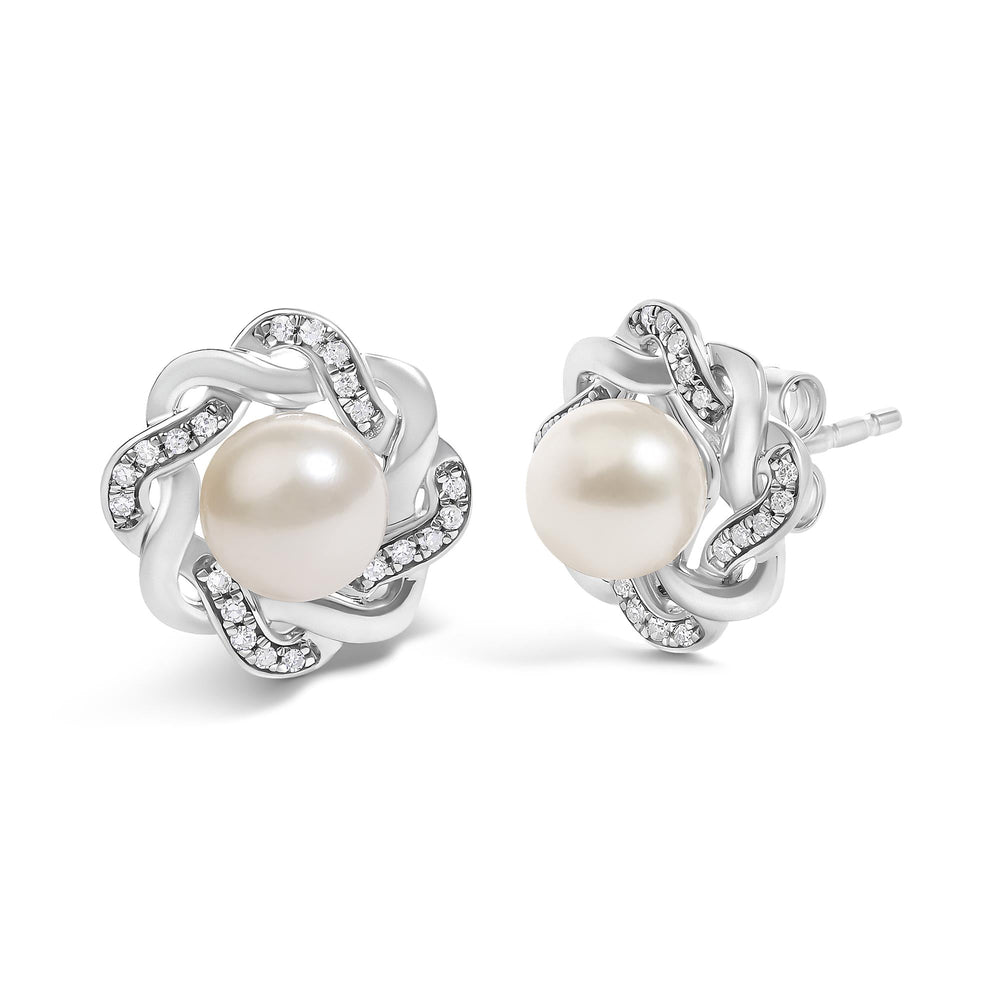Sterling Silver Pearl and 1/10 Cttw Diamond Floral Twist Stud Earrings