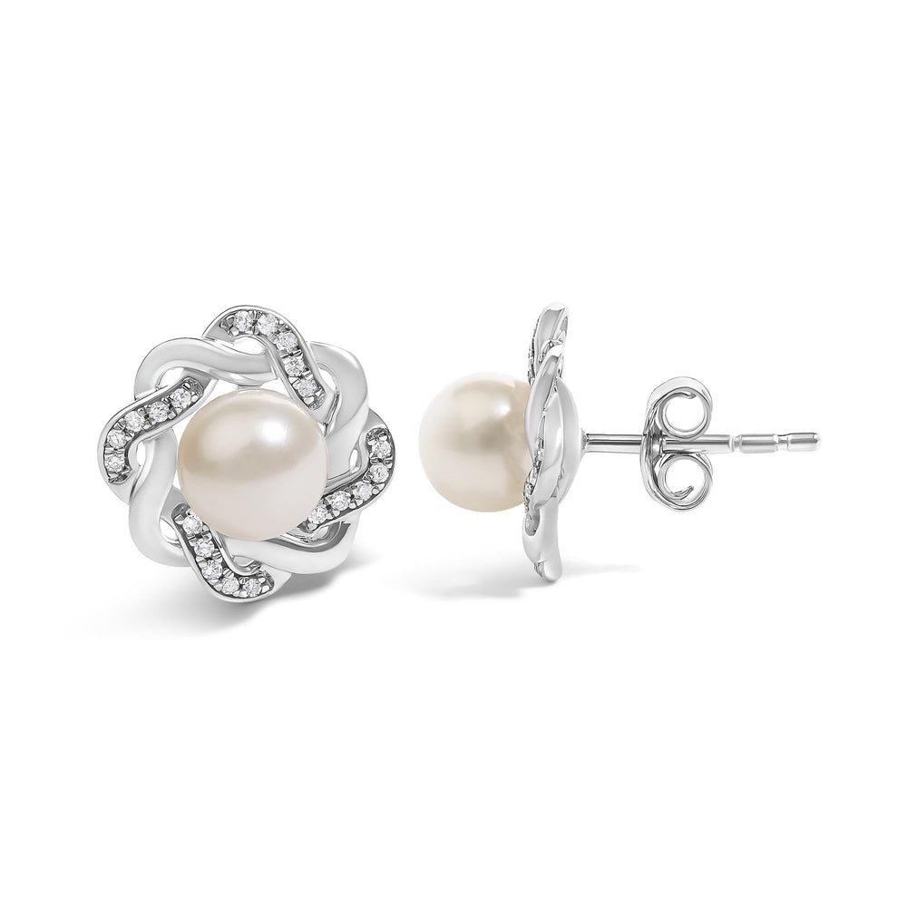 Sterling Silver Pearl and 1/10 Cttw Diamond Floral Twist Stud Earrings