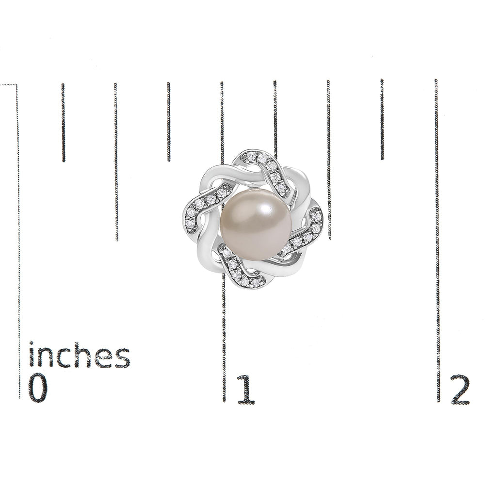 Sterling Silver Pearl and 1/10 Cttw Diamond Floral Twist Stud Earrings