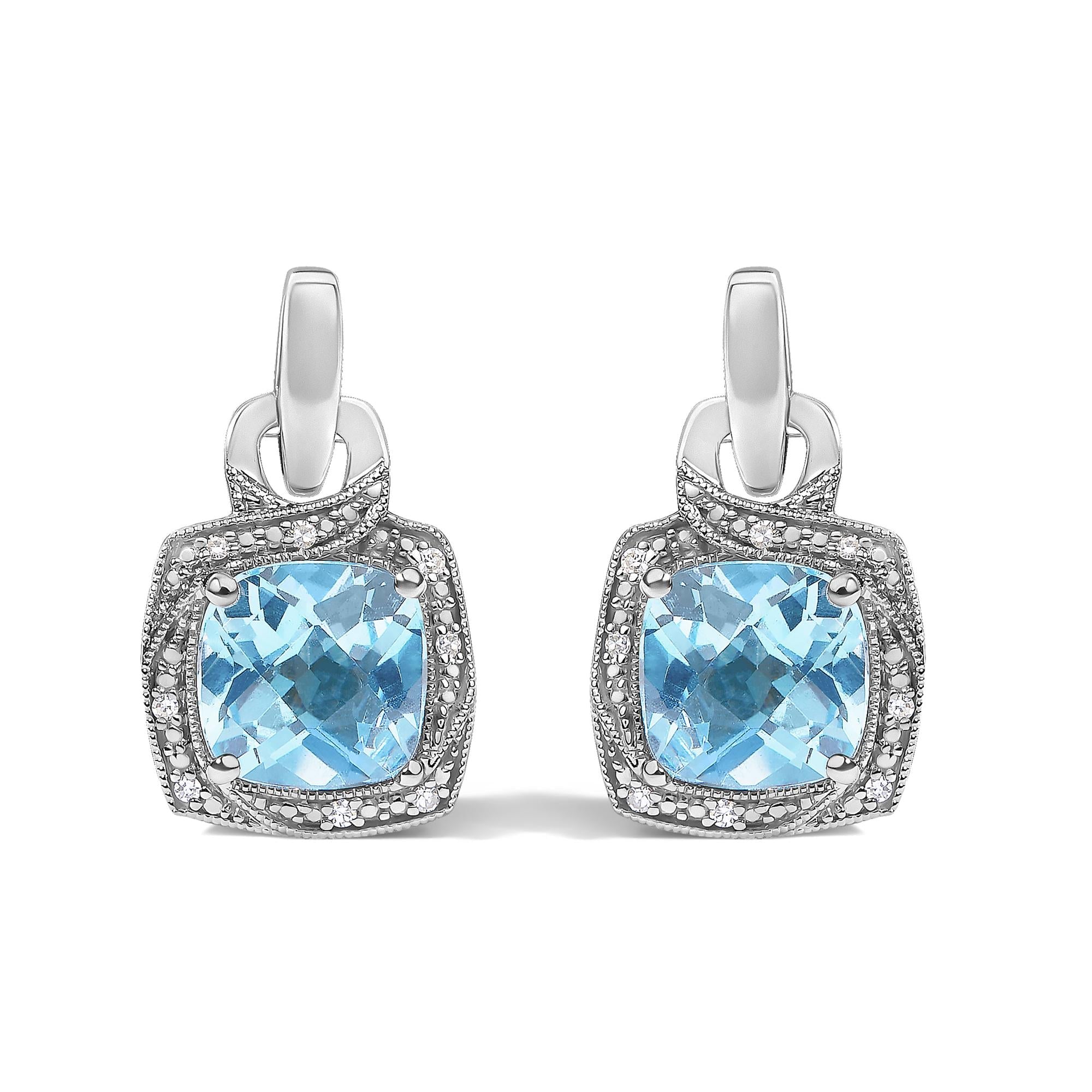 Sterling Silver Cushion Cut Blue Topaz and Diamond Accent Geometric Dangle Earrings