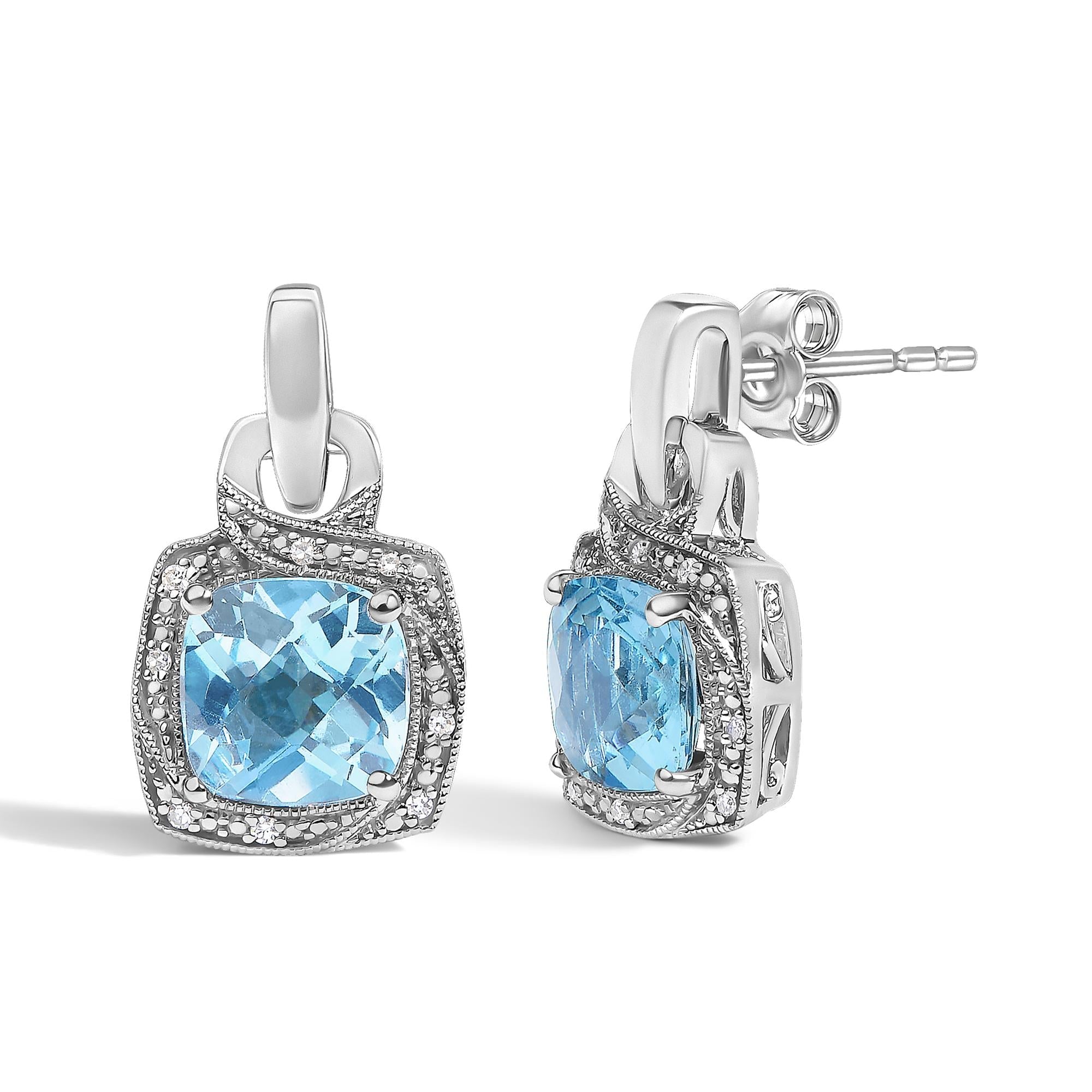 Sterling Silver Cushion Cut Blue Topaz and Diamond Accent Geometric Dangle Earrings