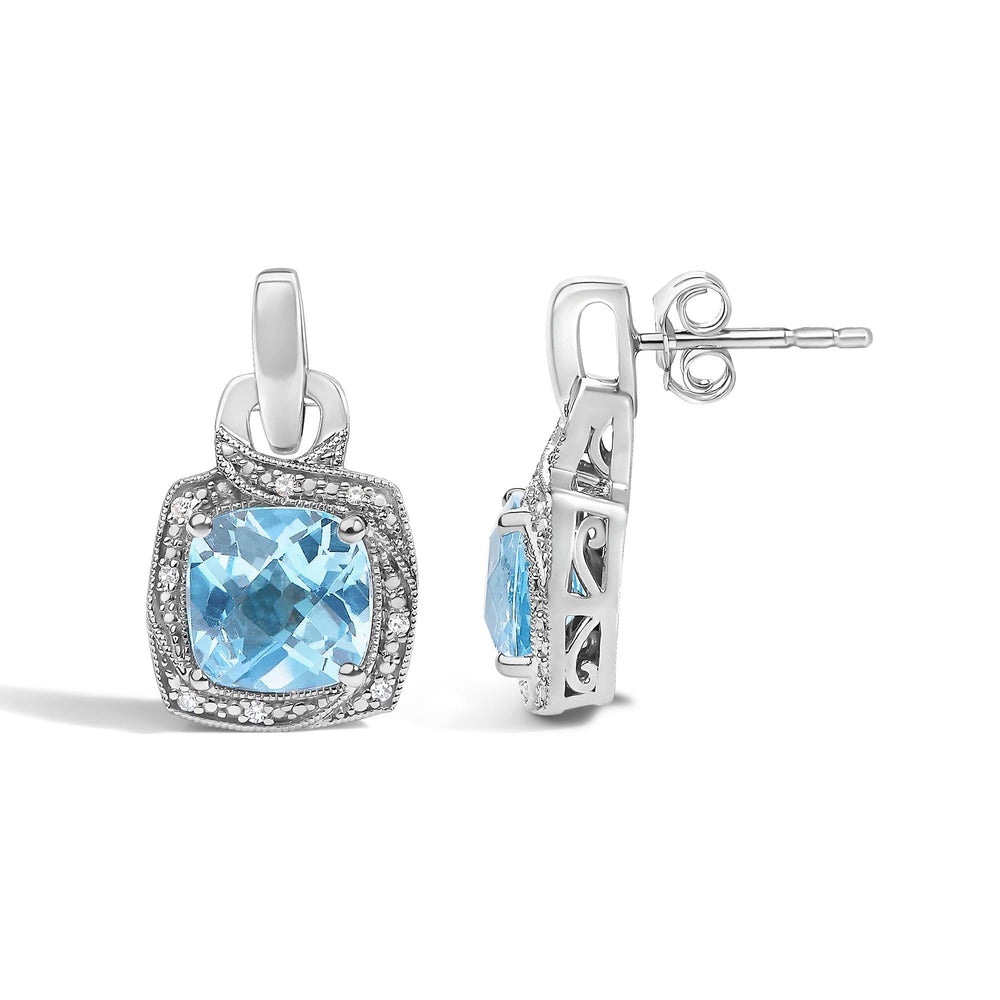 Sterling Silver Cushion Cut Blue Topaz and Diamond Accent Geometric Dangle Earrings