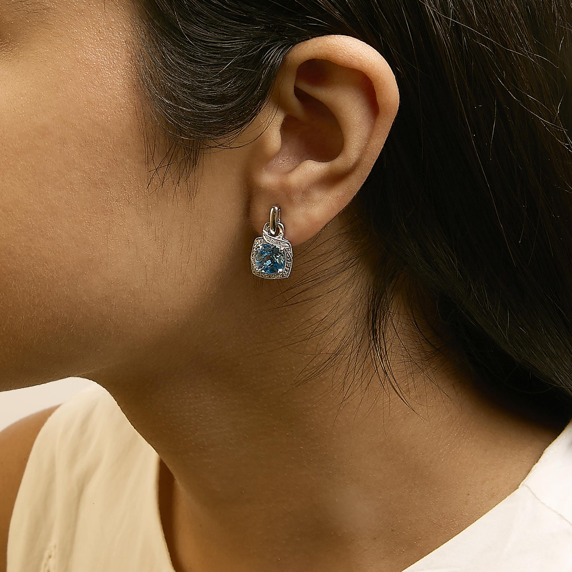Sterling Silver Cushion Cut Blue Topaz and Diamond Accent Geometric Dangle Earrings
