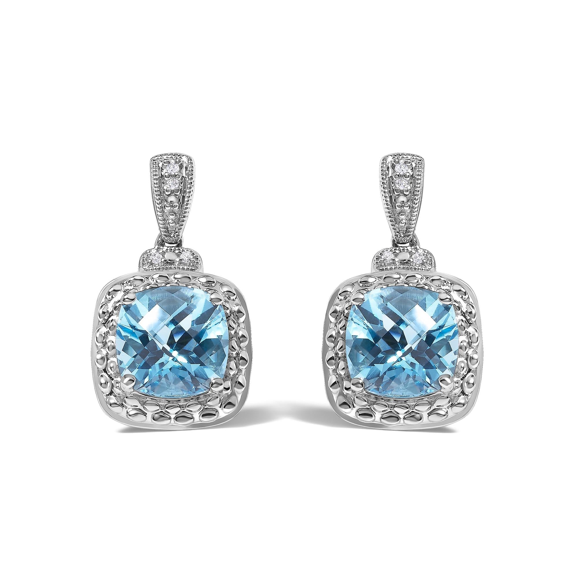 Sterling Silver 8x8mm Cushion Cut Blue Topaz and Diamond Accent Drop Earrings