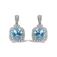 Sterling Silver 8x8mm Cushion Cut Blue Topaz and Diamond Accent Drop Earrings
