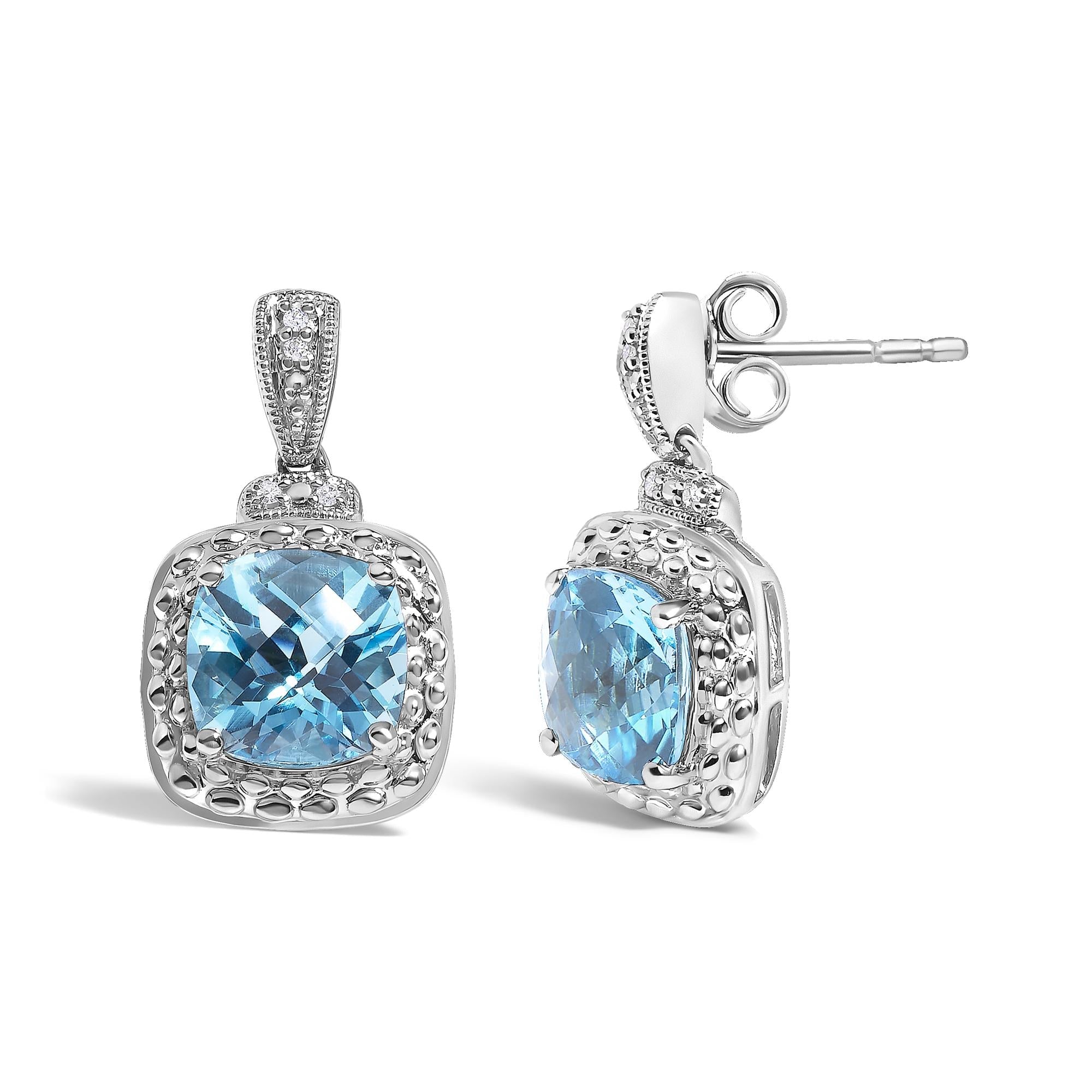Sterling Silver 8x8mm Cushion Cut Blue Topaz and Diamond Accent Drop Earrings