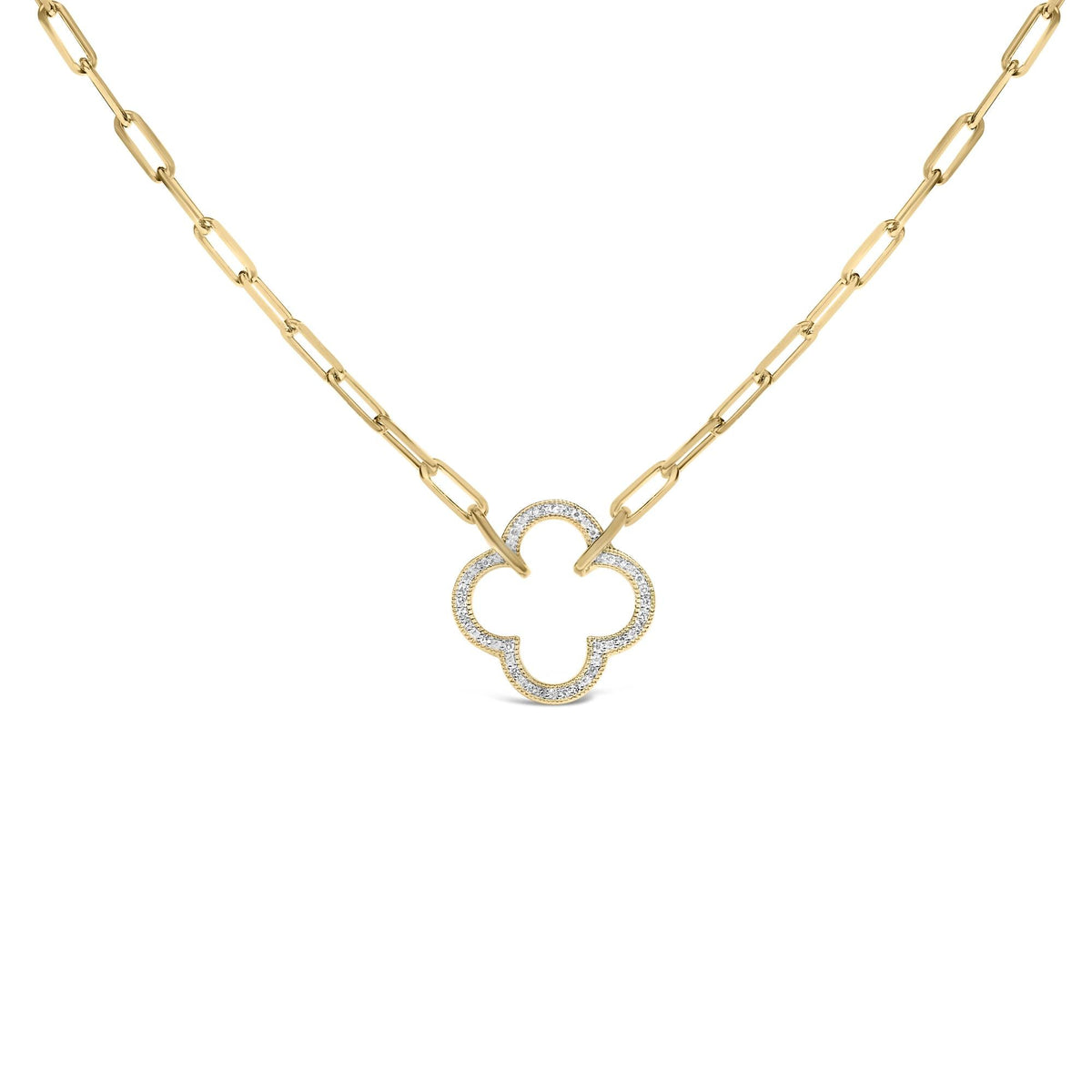 Gold Vermeil 1/10 Cttw Diamond Paperclip Chain Clover Pendant Necklace
