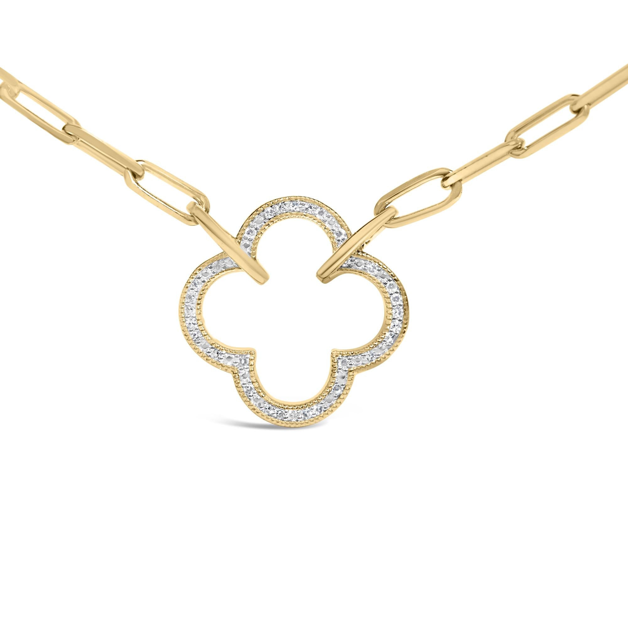 Gold Vermeil 1/10 Cttw Diamond Paperclip Chain Clover Pendant Necklace