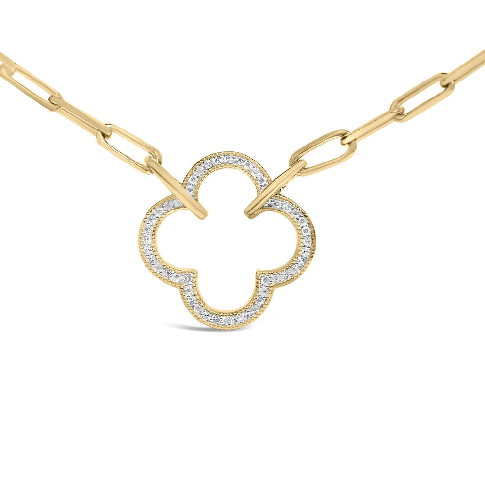 Gold Vermeil 1/10 Cttw Diamond Paperclip Chain Clover Pendant Necklace