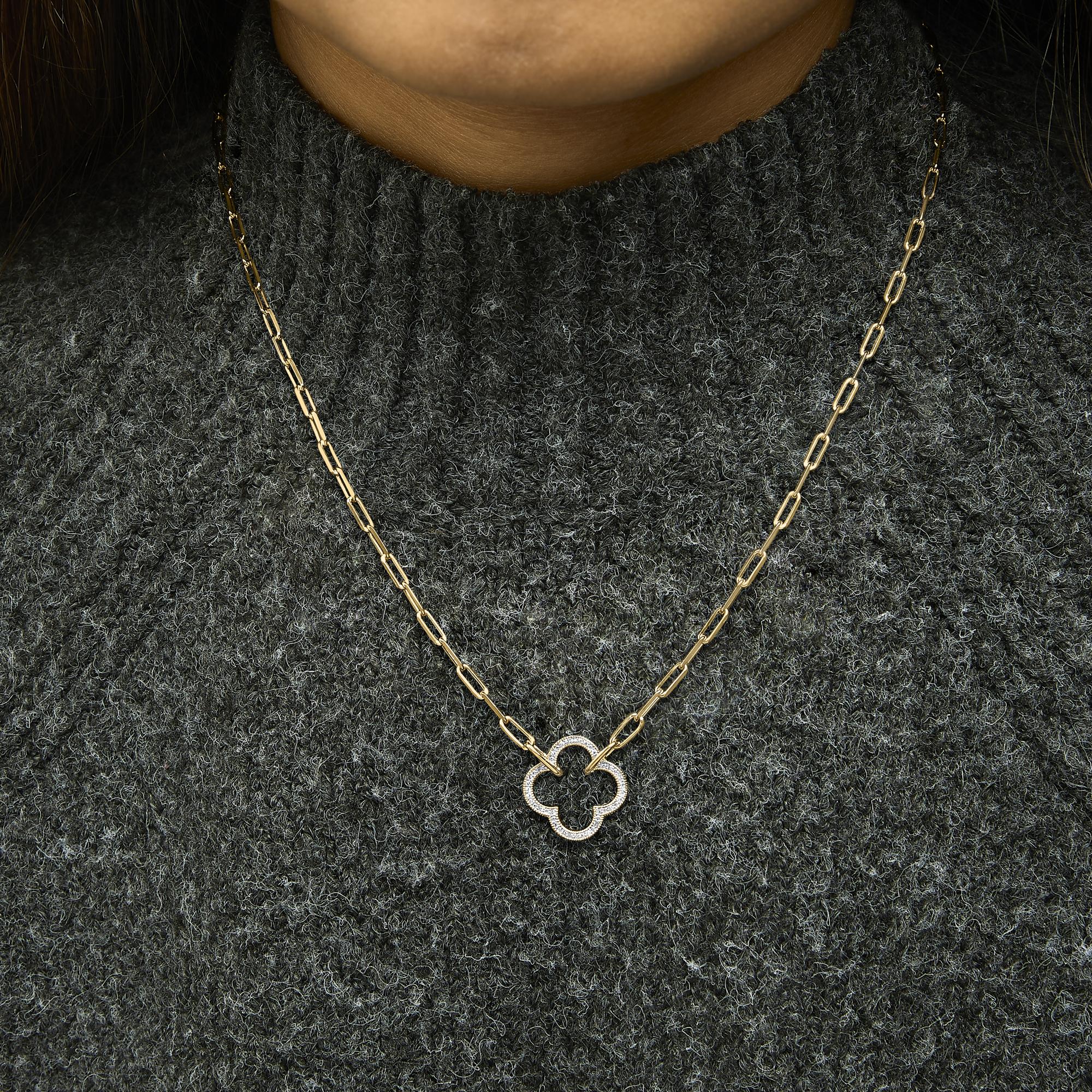 Gold Vermeil 1/10 Cttw Diamond Paperclip Chain Clover Pendant Necklace