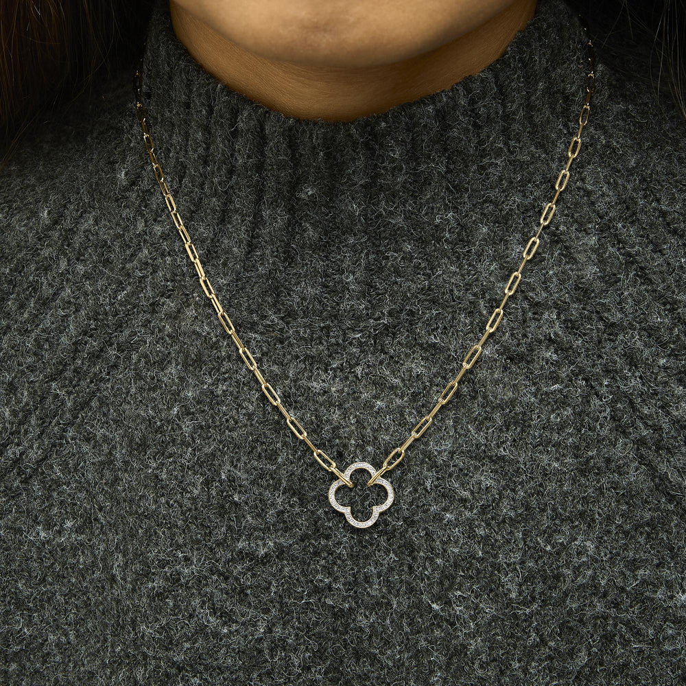 Gold Vermeil 1/10 Cttw Diamond Paperclip Chain Clover Pendant Necklace