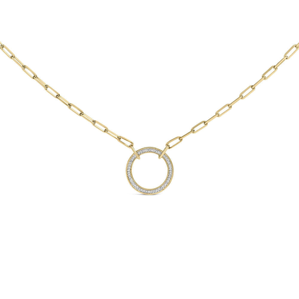 Gold Vermeil 1/10 Cttw Diamond Paperclip Chain Circle Pendant Necklace