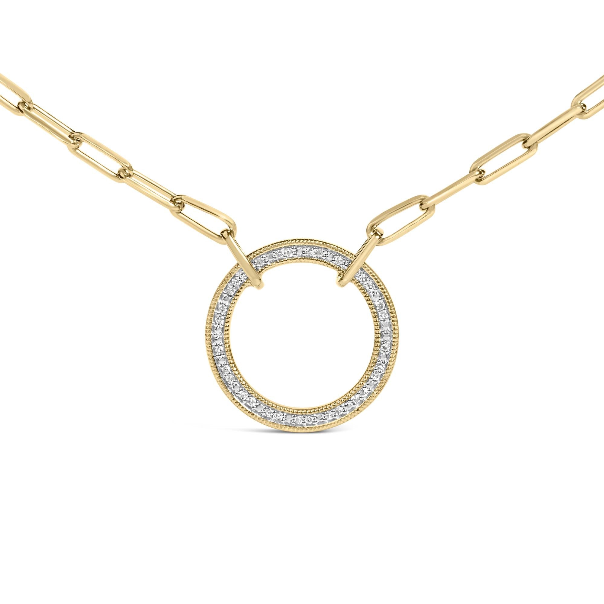 Gold Vermeil 1/10 Cttw Diamond Paperclip Chain Circle Pendant Necklace